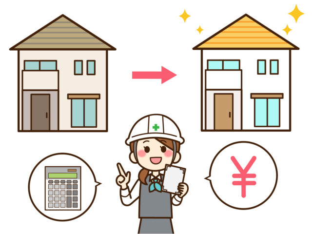屋根工事のコスト提案をする女性作業員のイラスト