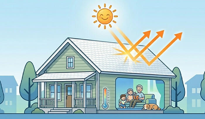 屋根の高遮熱塗料で屋内にて快適に過ごす家族のイラスト