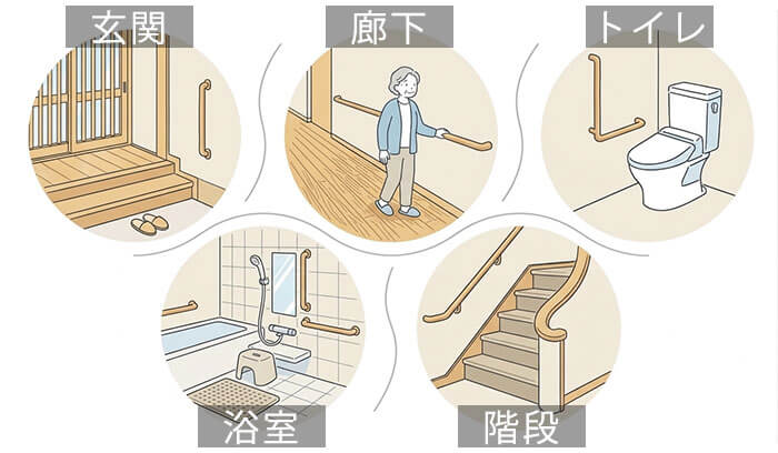 介護保険の対象となる主な設置場所(玄関・廊下・トイレ・浴室・階段)