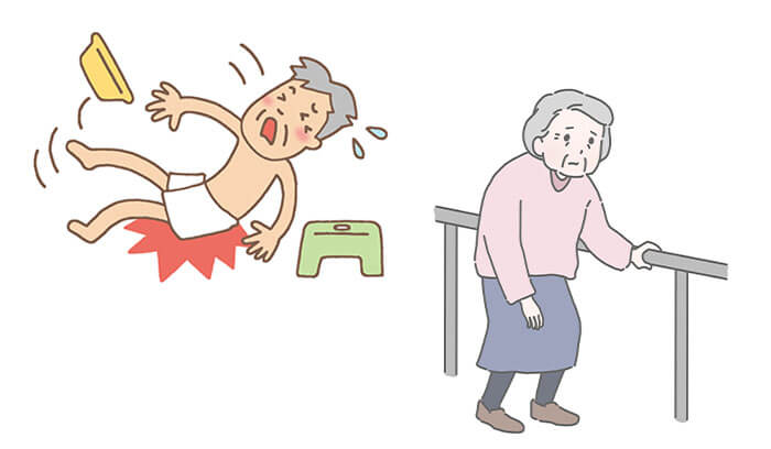 お風呂場で滑って転ぶシニアと廊下の手すりを使って歩くシニアのイラスト