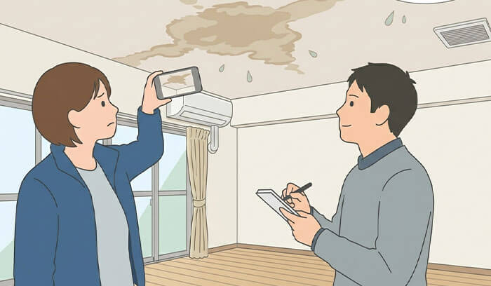 雨漏りの写真と記録を取る男女のイラスト