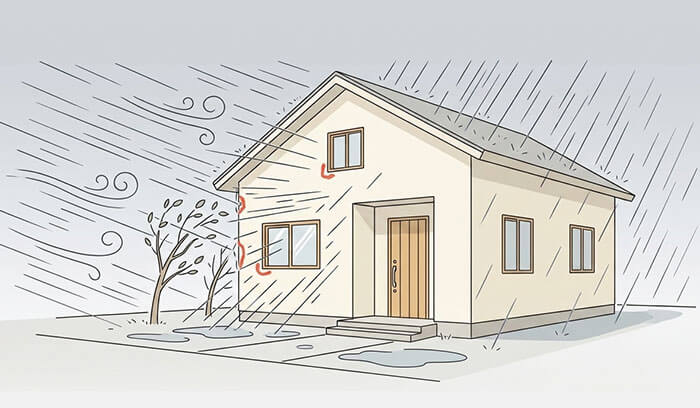 家全体に横や斜め方向から雨が打ち付けているイラスト