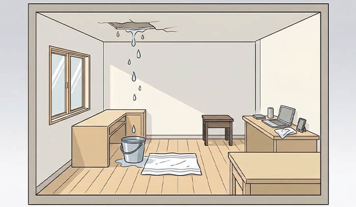 家の中の雨漏りにバケツやタオルで応急処置するイラスト