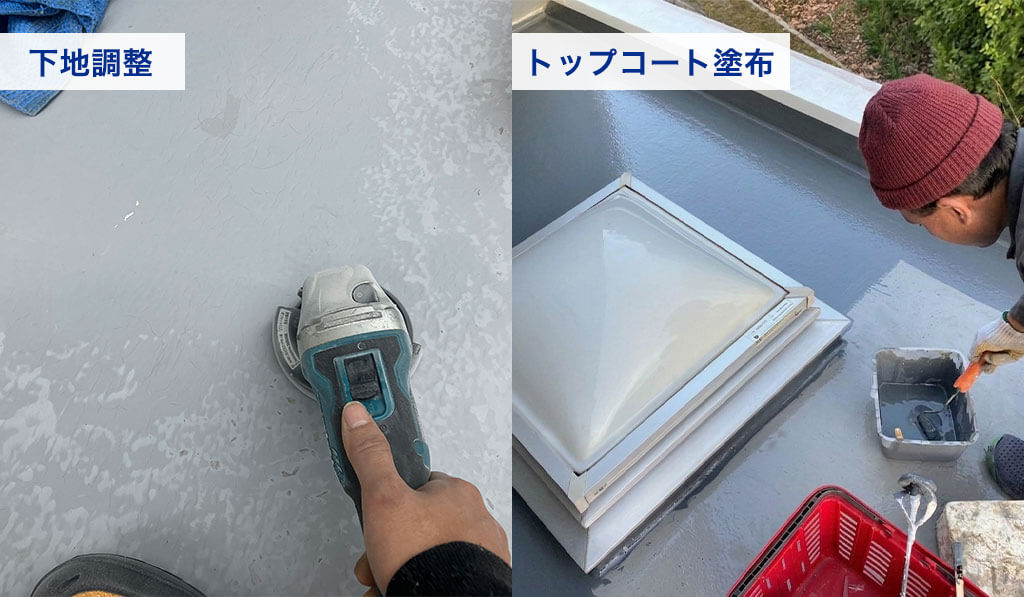 左：ケレン作業で表面を整える様子、右：トップコートを塗布する様子