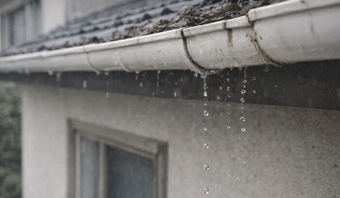 雨どいの継ぎ目から水が漏れる様子