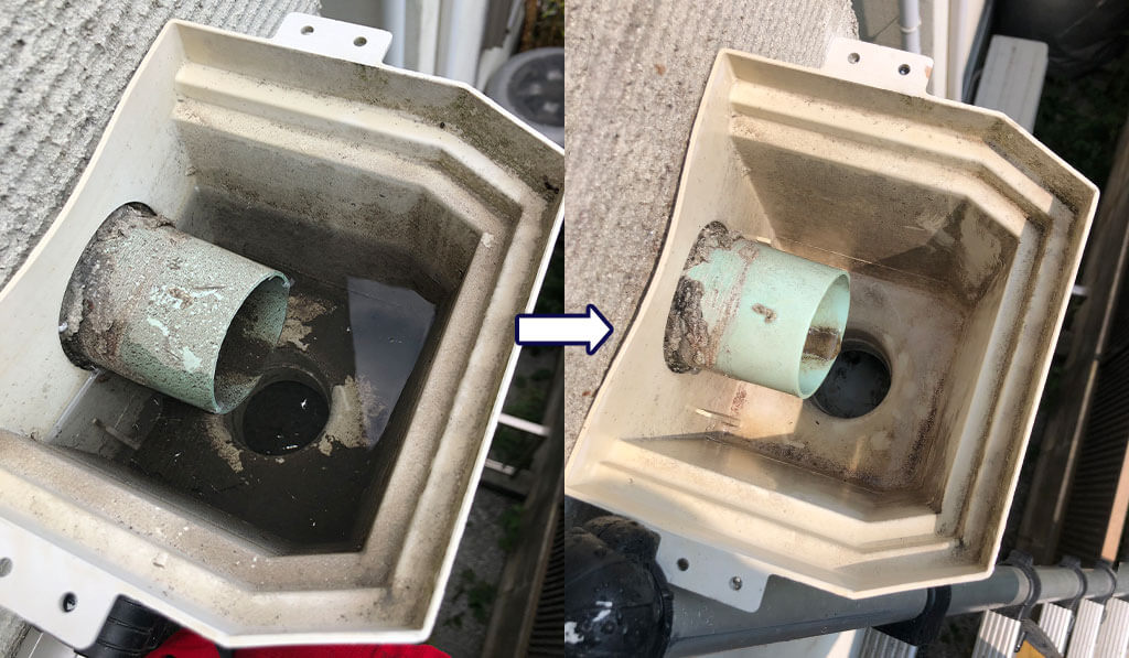 徐々に水が流れて詰まりが解消された様子