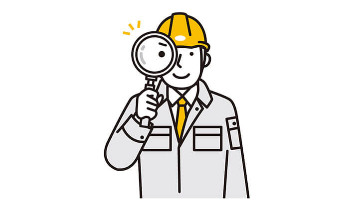 作業員が虫眼鏡を持って調査しているイラスト