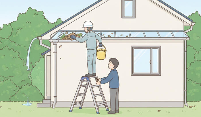 1階部の雨どいを手作業で掃除しているイラスト