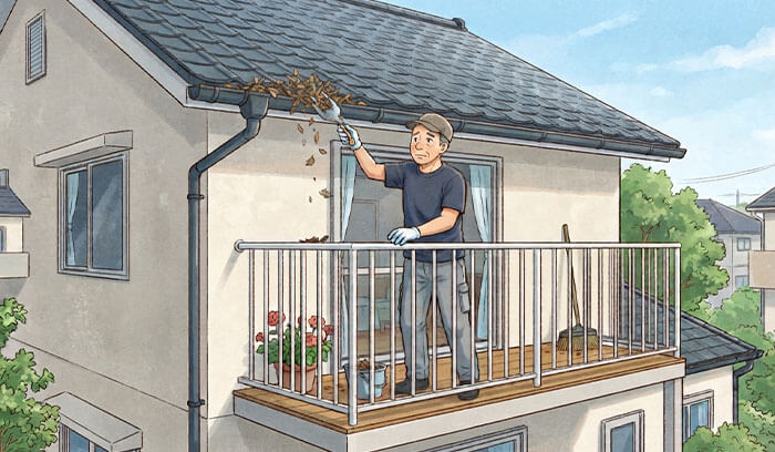 ベランダから手を伸ばして雨どいを掃除しているイラスト