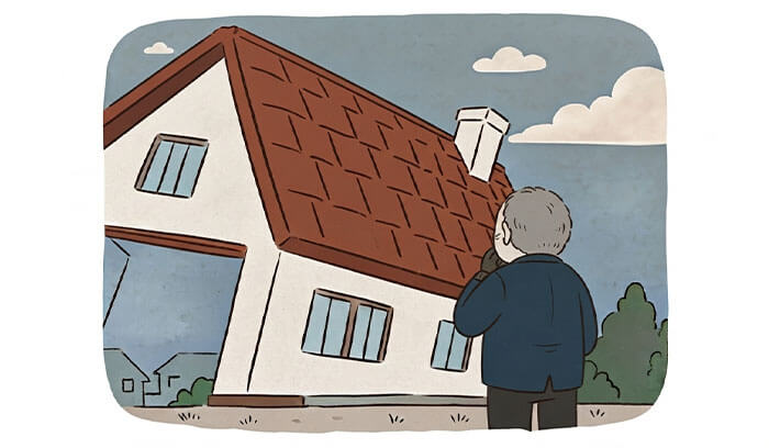 地上から屋根を見る人のイラスト