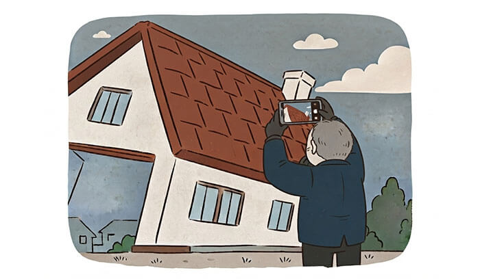 地上から屋根を撮影する人のイラスト