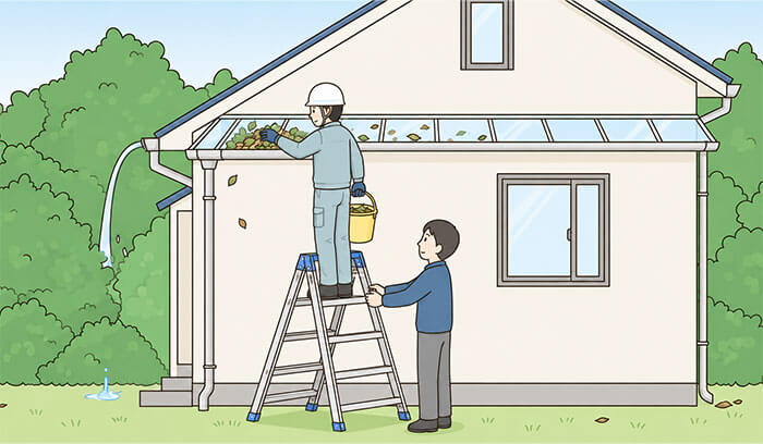 1階の雨どいを手作業で掃除しているイラスト